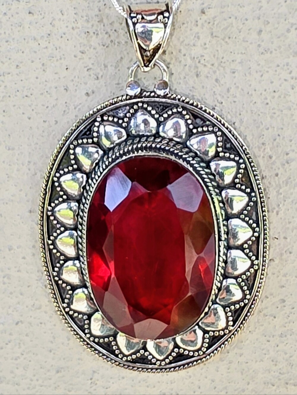 Garnet Gemstone Pendant Necklace In 925 Sterling Silver Setting (2,5")